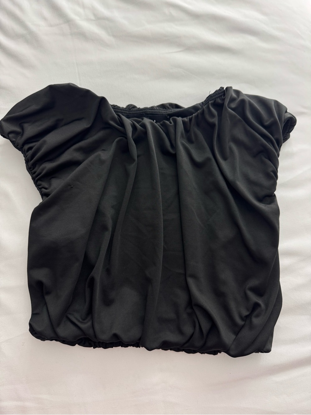 Black Short Sleeve Gathered Neck Women's Top